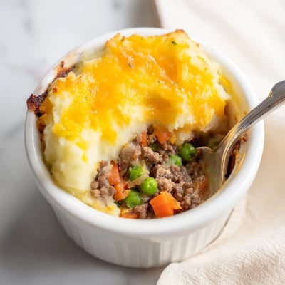 Freshly baked Mini Shepherd's Pie with a fluffy mashed potato topping, savory meat and pea filling, perfect for individual dinner servings.