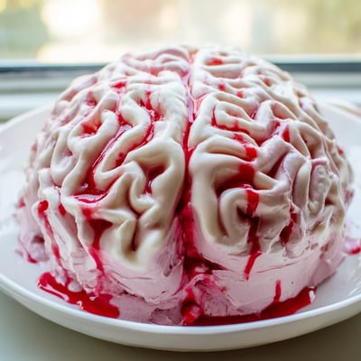 Slice of no bake strawberry cheesecake brain revealing creamy strawberry filling atop a golden graham cracker crust