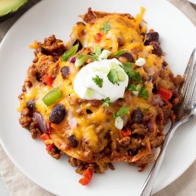 Cheesy Beef Skillet Enchiladas bubbling in cast-iron skillet, topped with cilantro