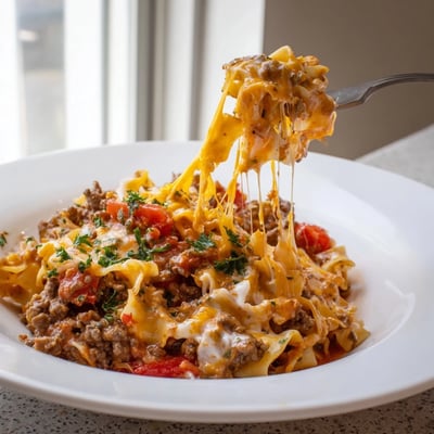 Hearty Beef Noodle Casserole served hot with garlic bread and crisp salad  