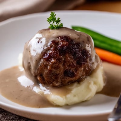 Tender Homemade Ikea Meatballs on mashed potatoes, steaming, drizzled with savory gravy
