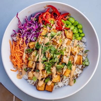 Crispy Tofu Peanut Rice Bowl